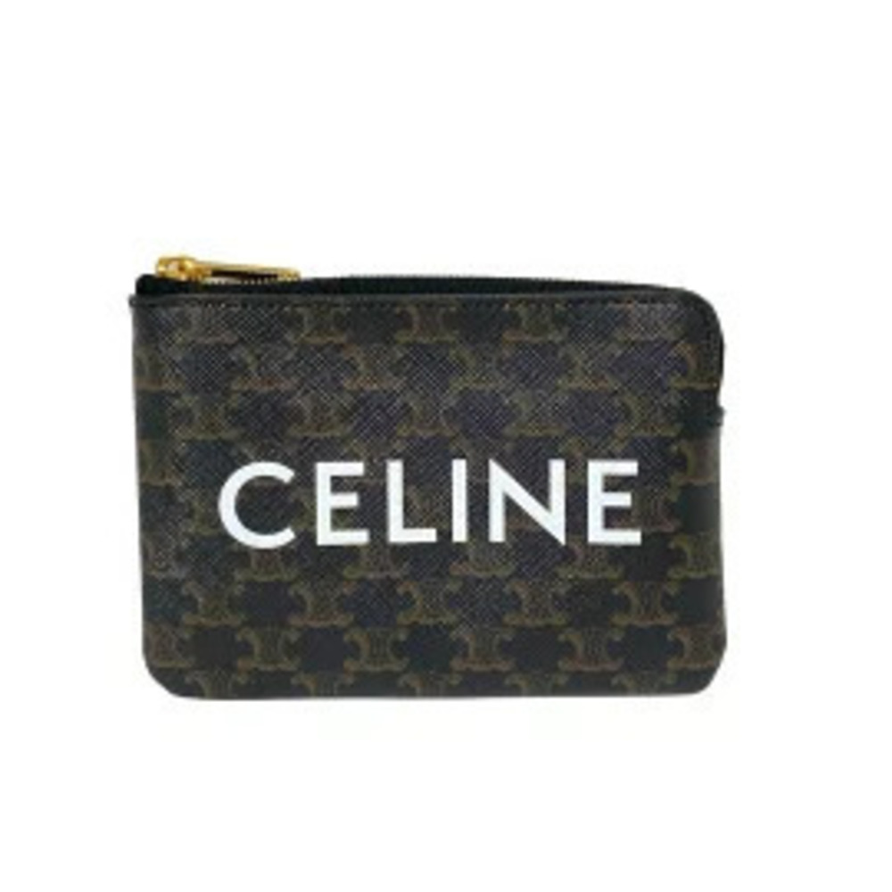 Celine Triomphe Canvas coin case Wallet Key Ring Black x Beige Cream